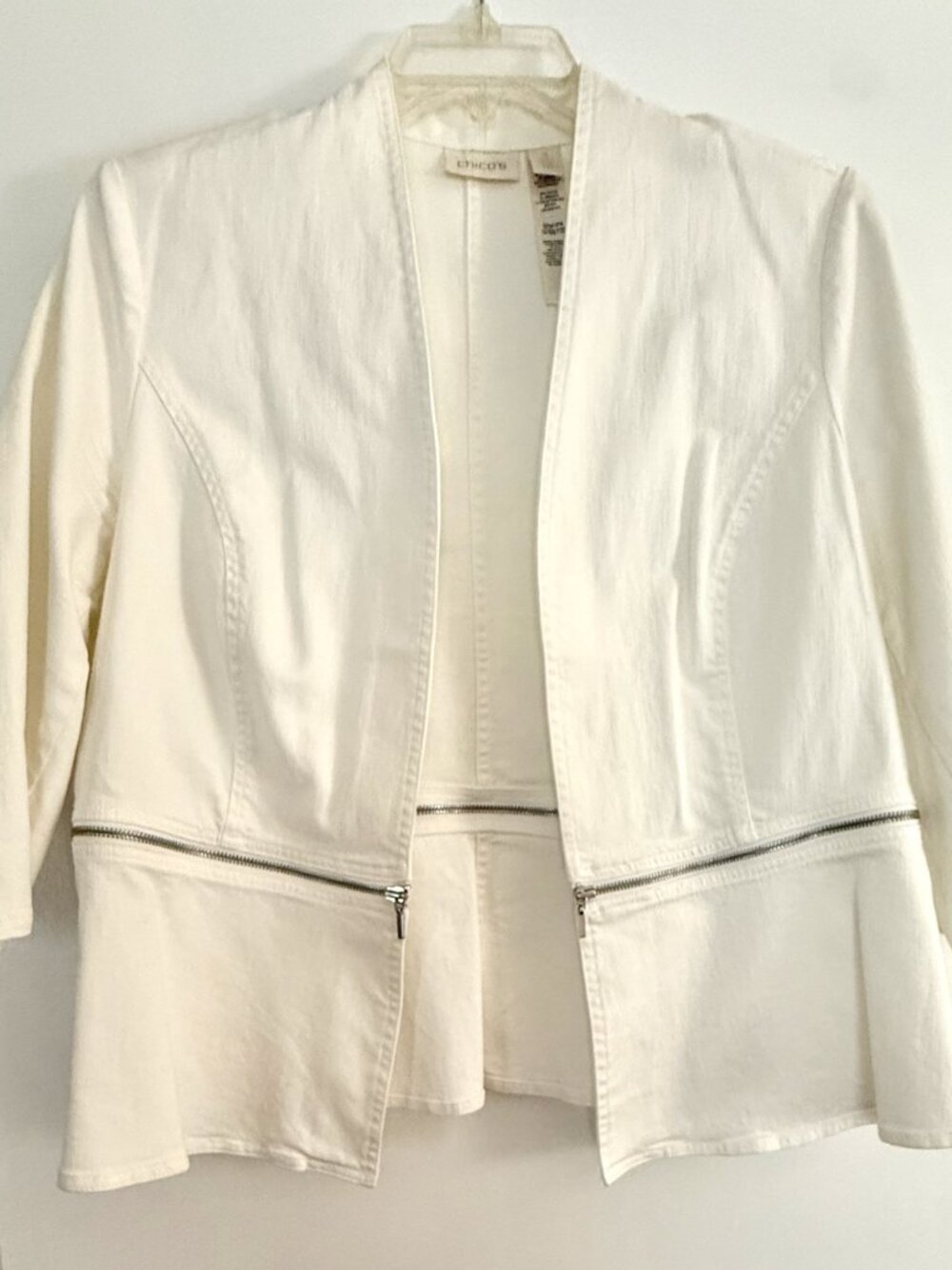 Chico's Peplum Denim Jacket White Womens Size 3 - Zipper Detail Open Front